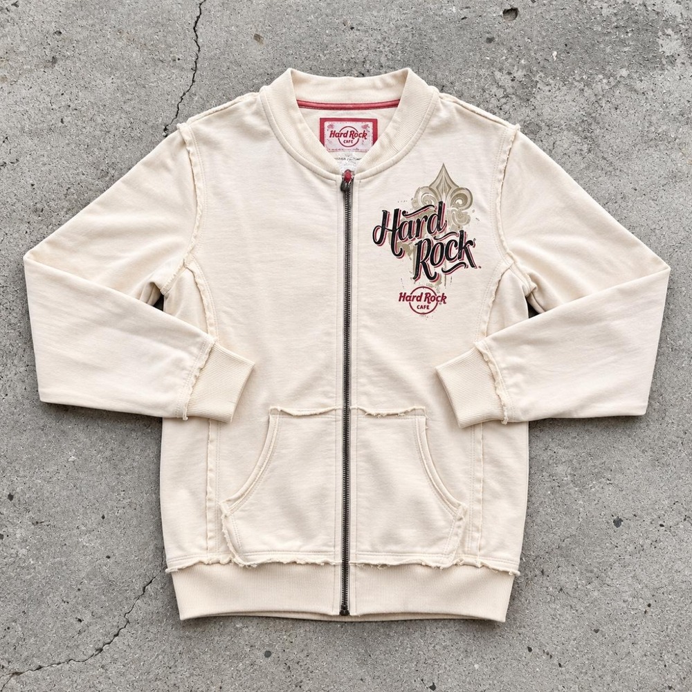 Hard Rock Cafe San Francisco Vintage Y2K Cream Zip Up Sweatshirt Medium